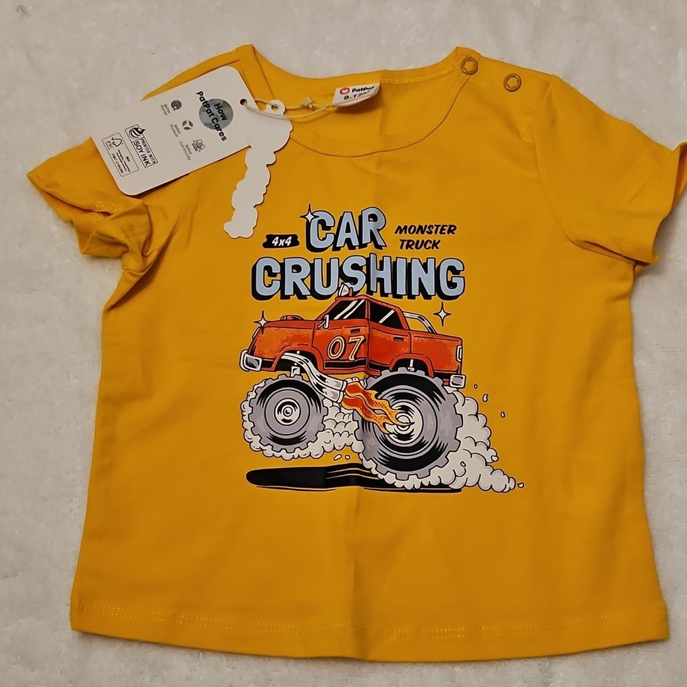 PatPat Yellow Short Sleeve Cotton T-Shirt 9-12M Unisex Baby Monster Truck Cars
